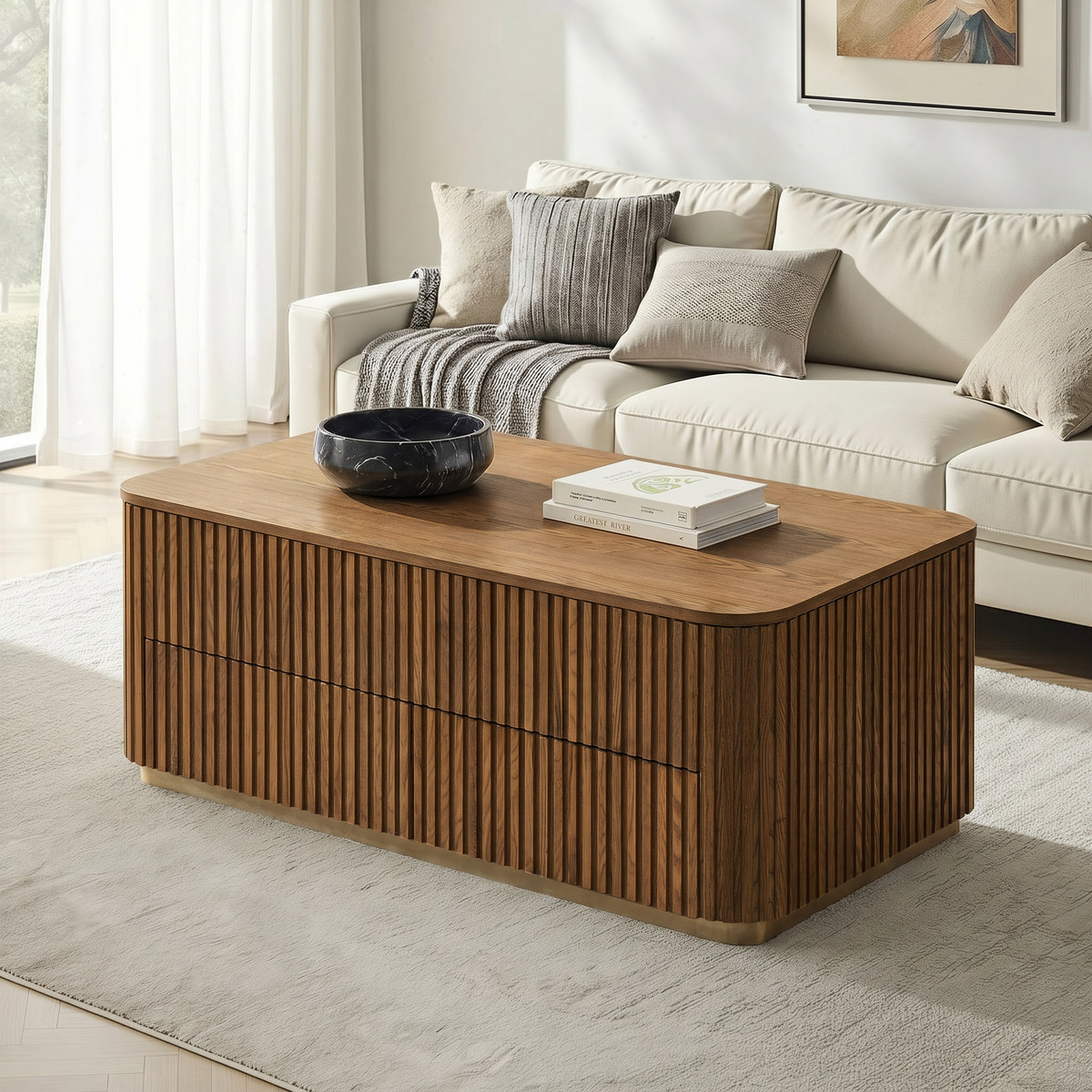Multifunctional Slatted Design Lift-Top Coffee Table | Hulala Home