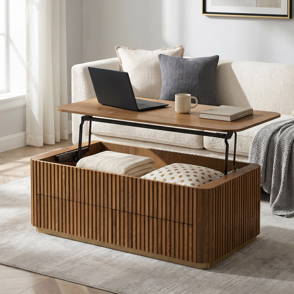 Multifunctional Slatted Design Lift-Top Coffee Table | Hulala Home