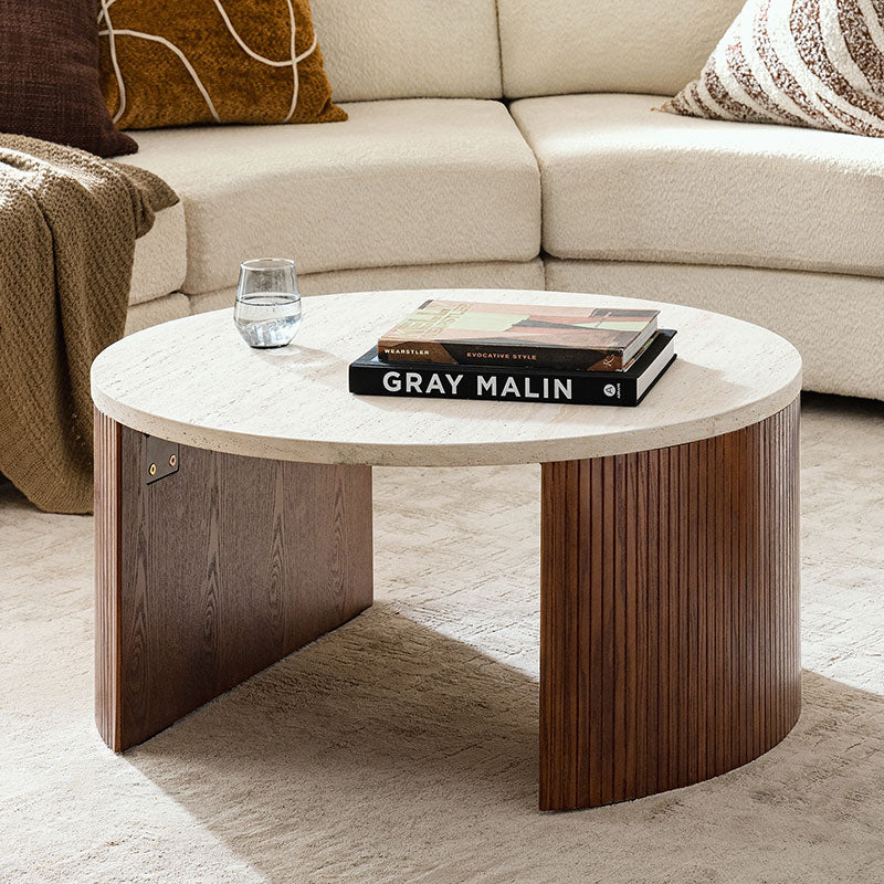 Telmo Modern Travertine Coffee Table with Fluted Wood Legs