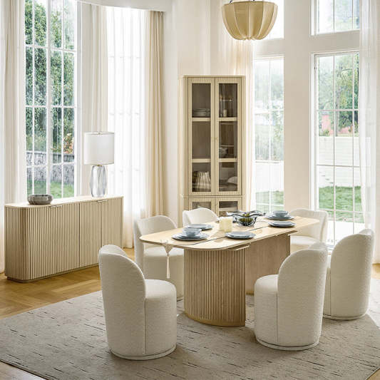 Tomas 8-Piece Modern Extendable Dining Set with Storage Buffet &amp; Swivel Chairs