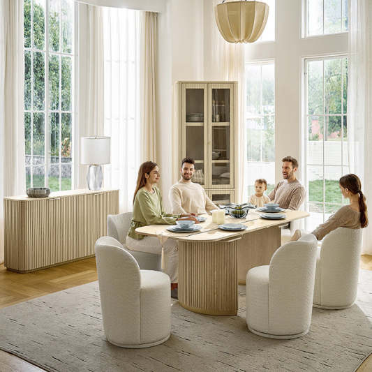 Tomas 8-Piece Modern Extendable Dining Set with Storage Buffet &amp; Swivel Chairs