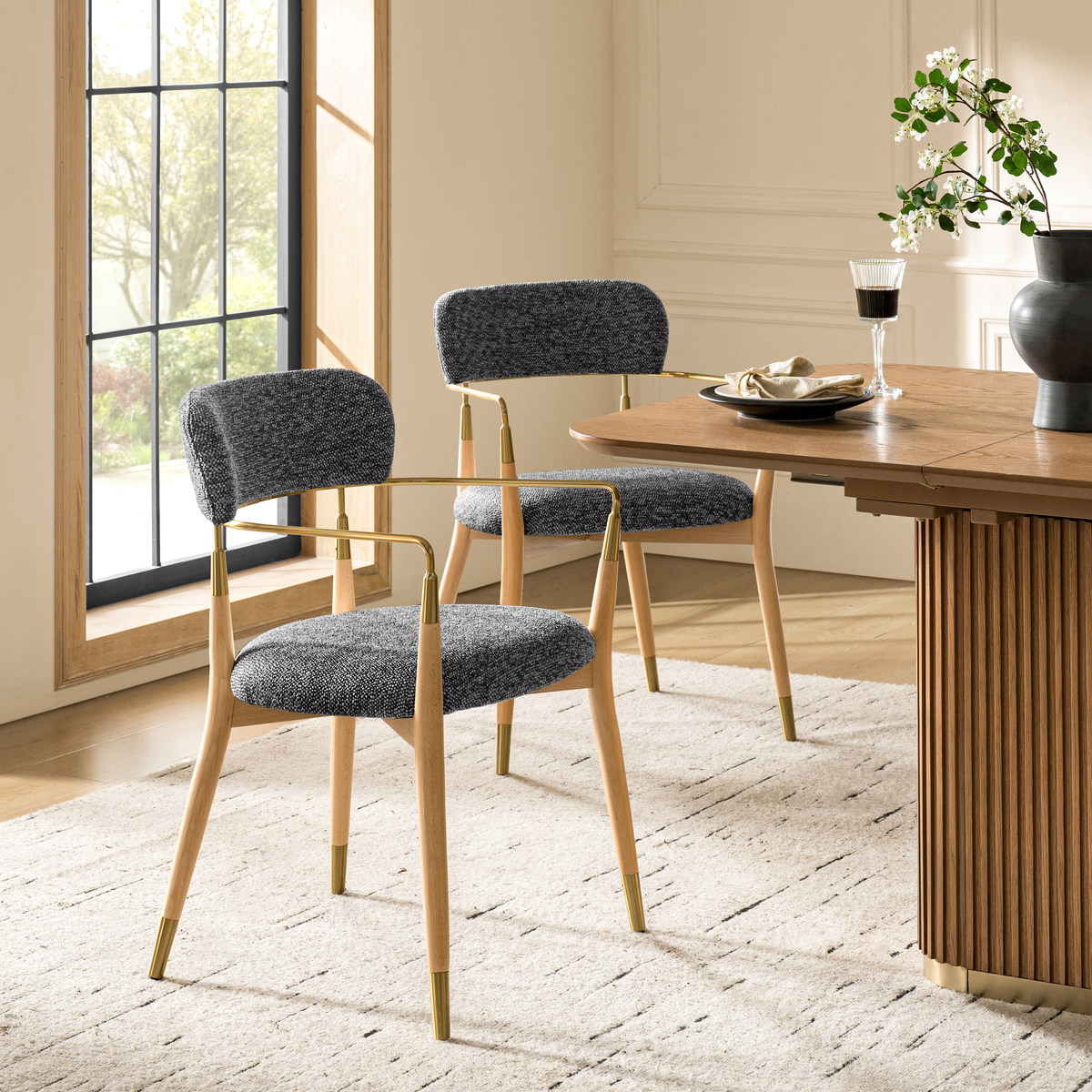 Sabina Modern Dining Chair with Wooden Legs & Metal Armrests ,Set of 2