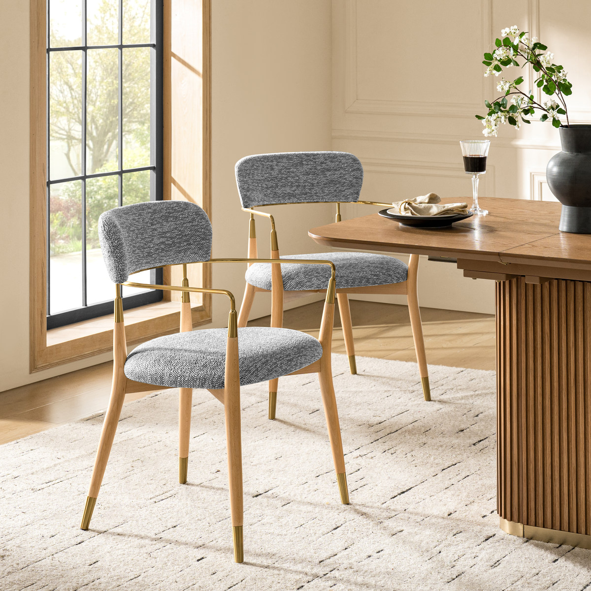 Sabina Modern Dining Chair with Wooden Legs & Metal Armrests ,Set of 2