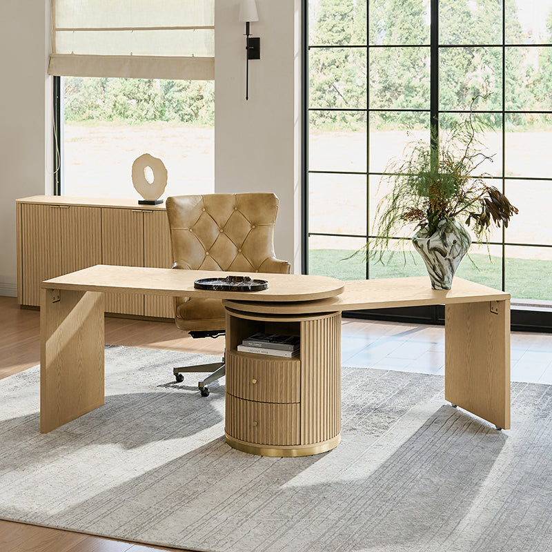 Modern Fluted L shaped 360 Rotating Wooden Office Desk | Hulala Home