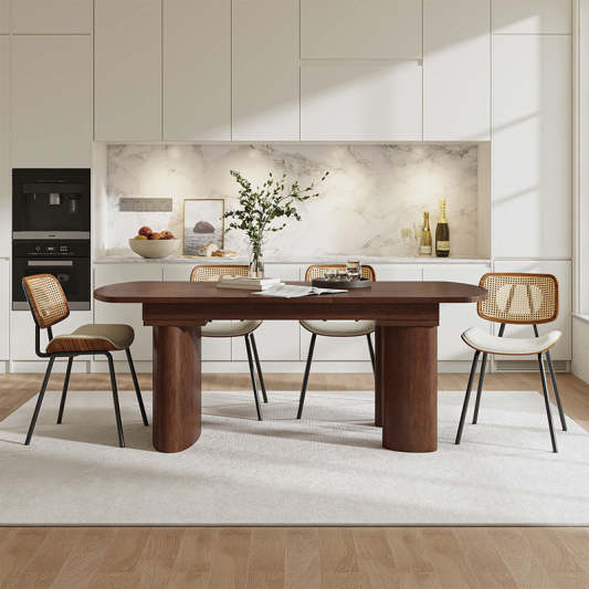 7-Piece Modern Space Saving Dining Table with Mid-Century Rattan Chairs Set