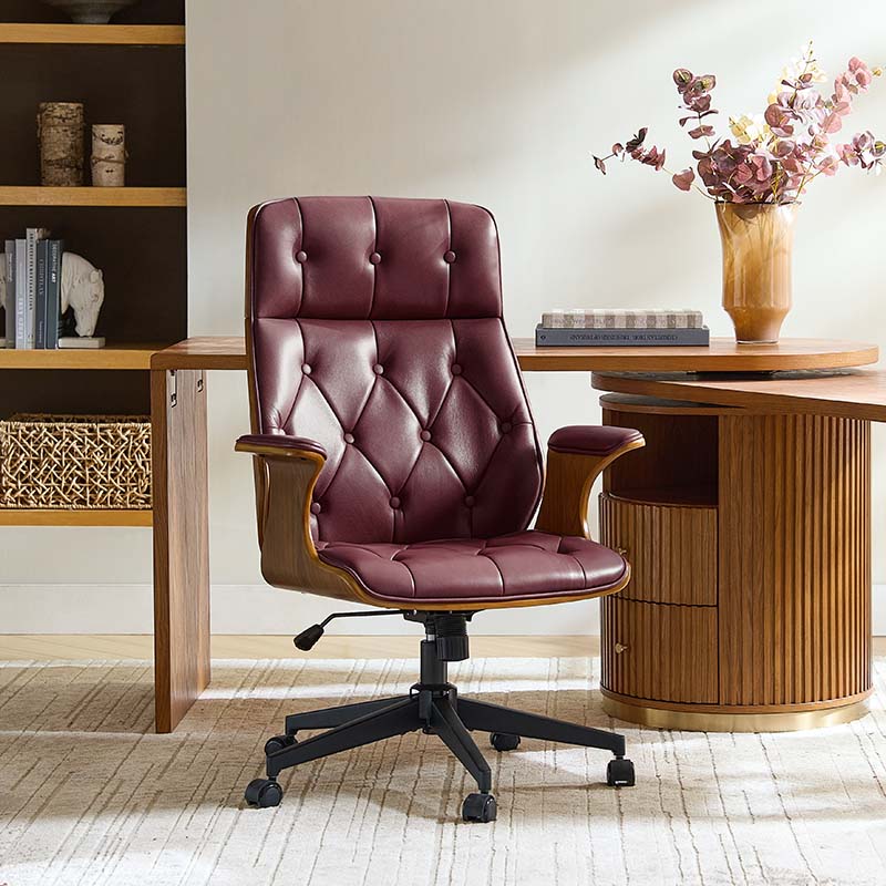 3/4 ぴよ 柏木工 DOLCI Highback chair Brigida Curved Wood Back Genuine Leather Office Chair-HULALA HOME