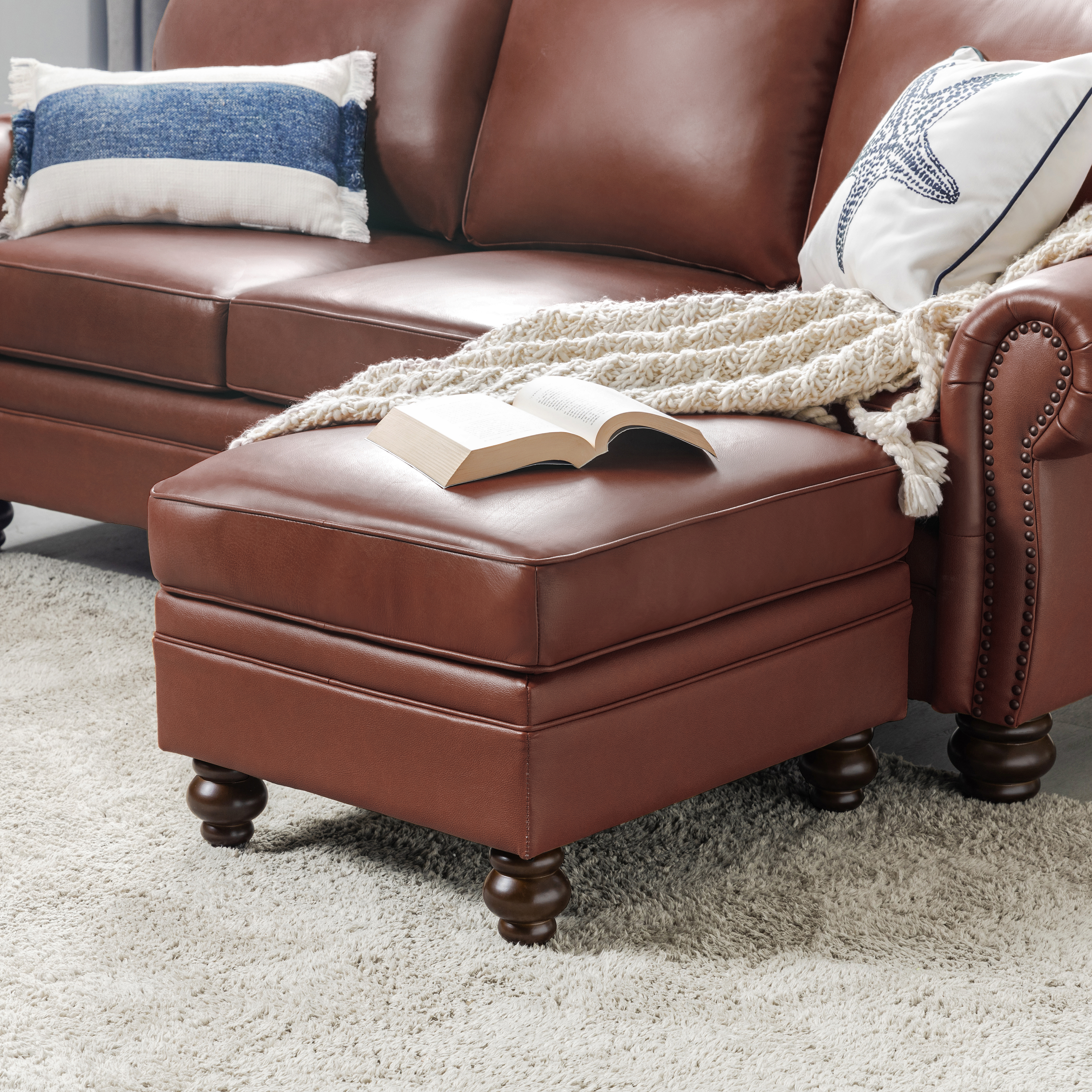 Basilio Contemporary Genuine Leather Ottoman for Living Room