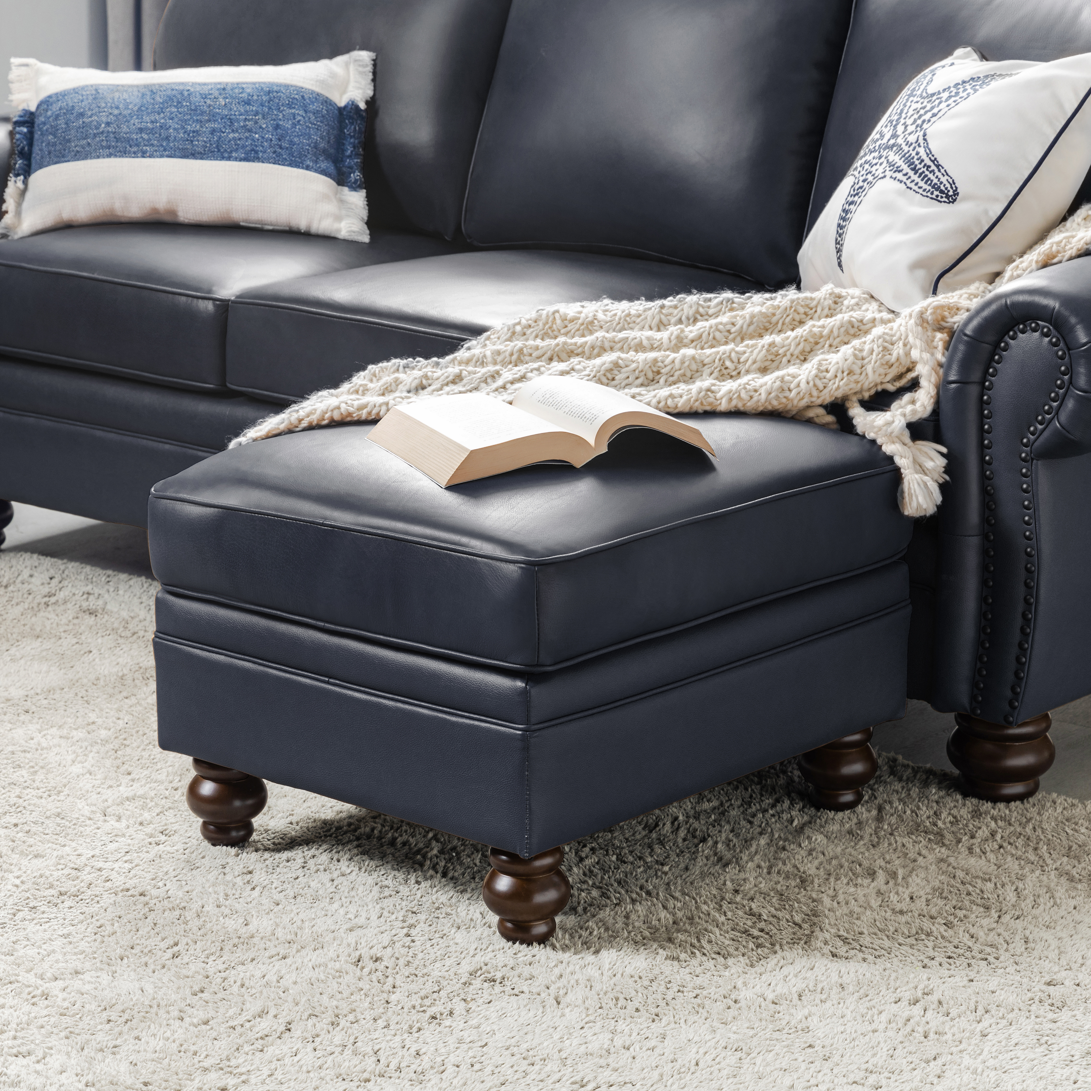 Basilio Contemporary Genuine Leather Ottoman for Living Room