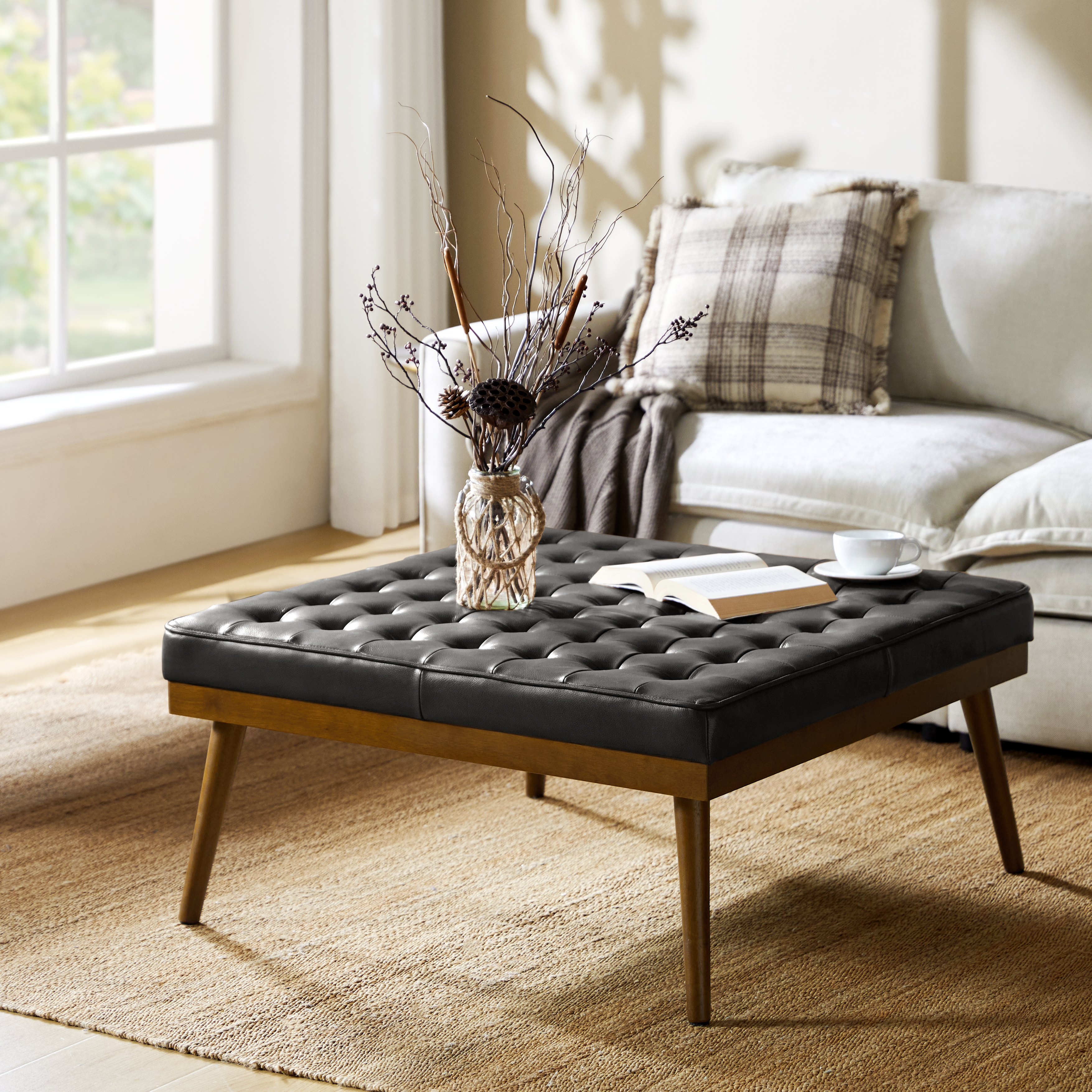 Elisa Mid-century Modern Genuine Leather Ottoman - HULALA HOME