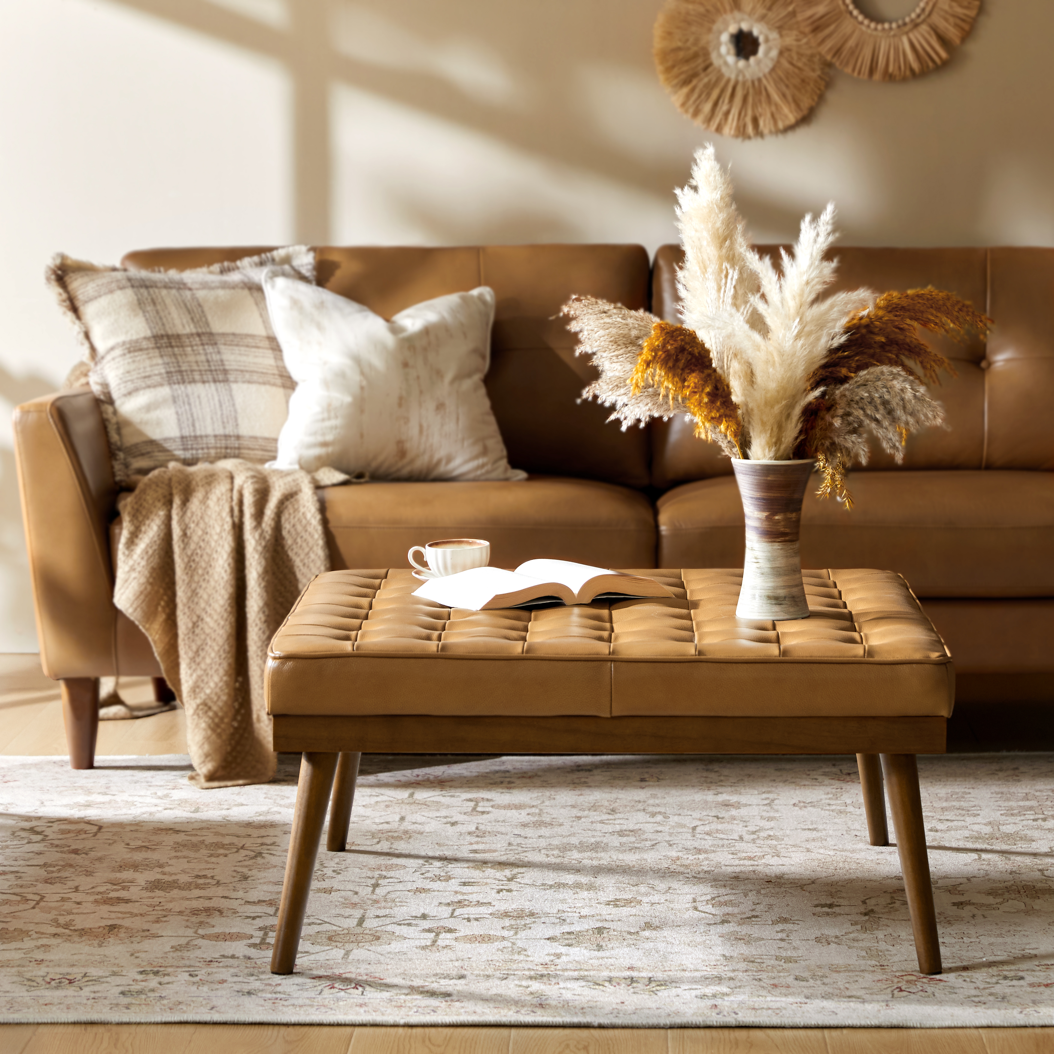 Elisa Mid-century Modern Genuine Leather Ottoman