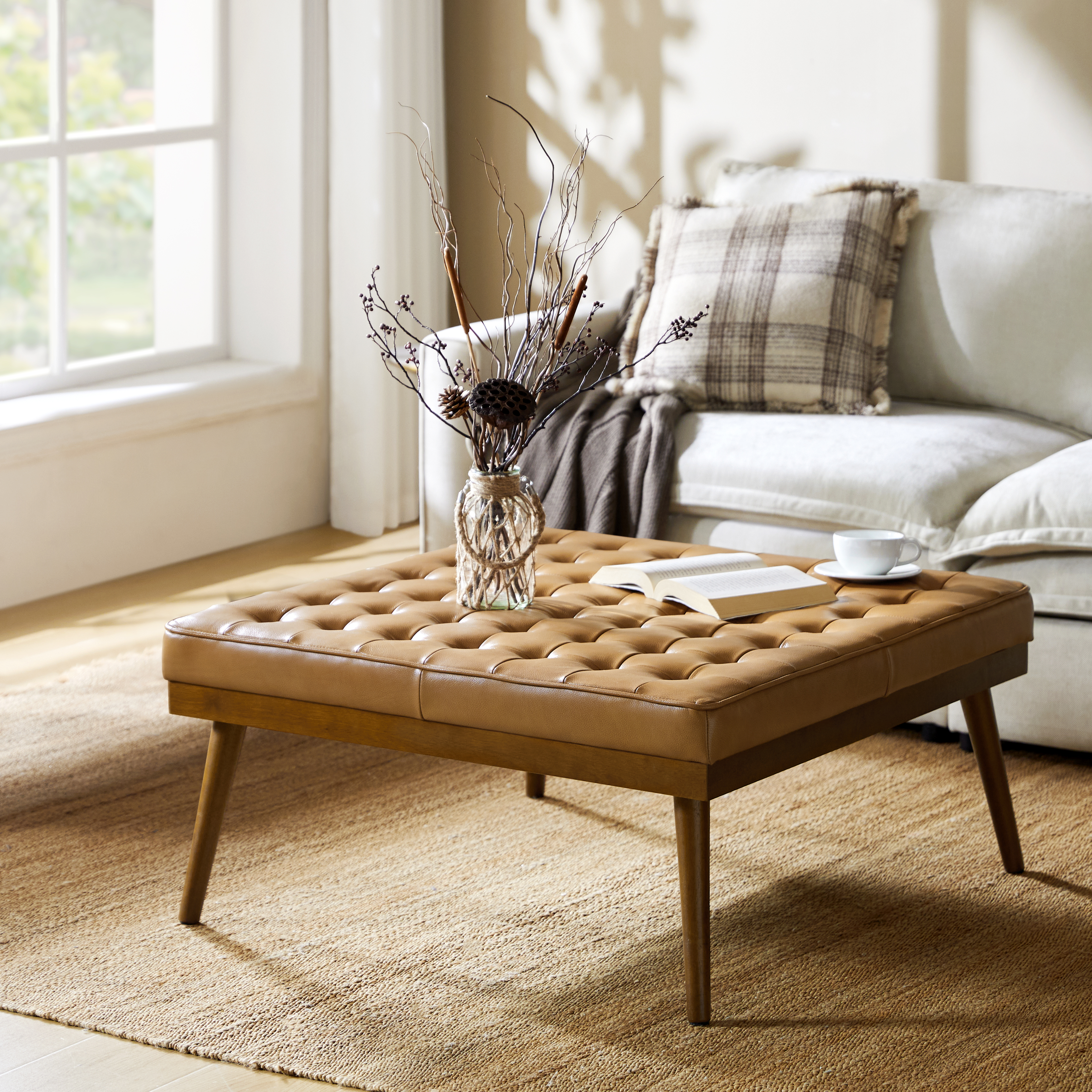 Elisa Mid-century Modern Genuine Leather Ottoman - HULALA HOME