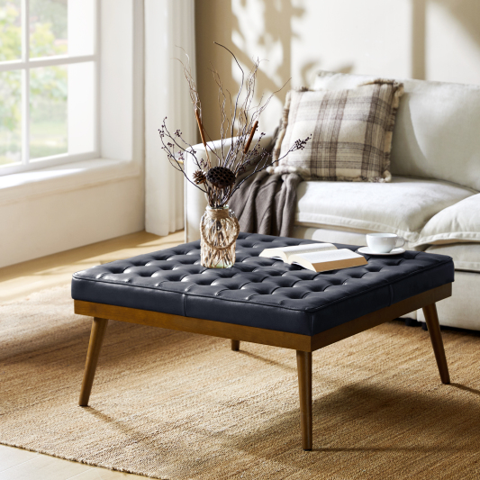 Elisa Mid-century Modern Genuine Leather Ottoman