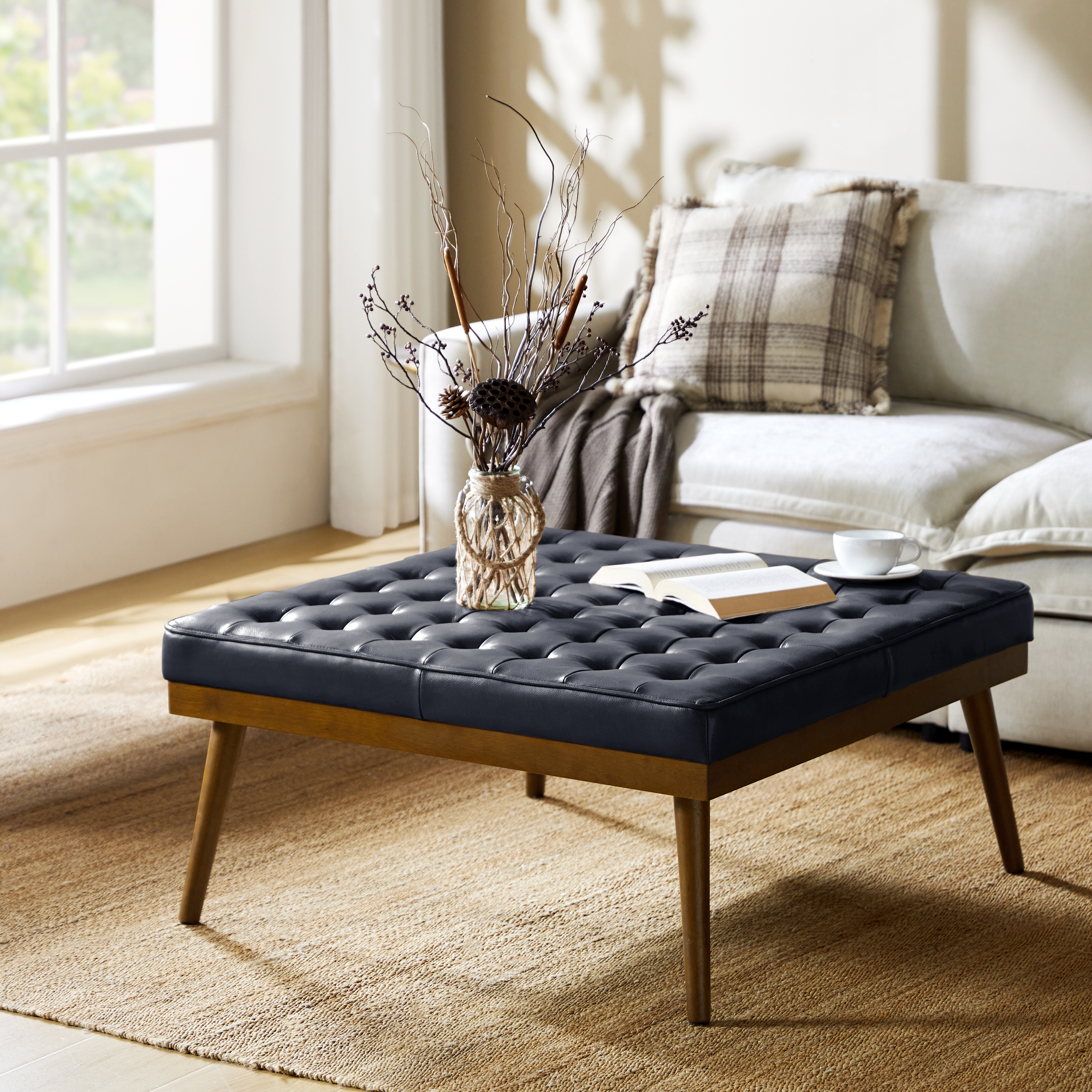 Elisa Mid-century Modern Genuine Leather Ottoman