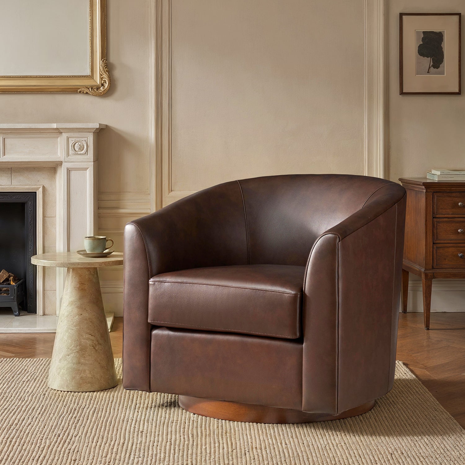 Cathy Geniun Leather Modern Swivel Barrel Chair With Solid Wood