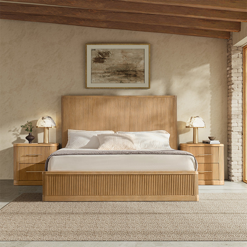 Fluted solid wood bed with oak finish, modern bedroom furniture made from real oak, durable and timeless.