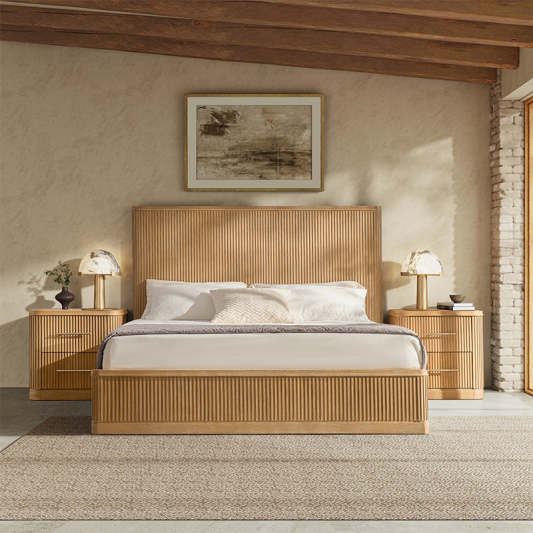 Fluted solid wood bed with oak finish, modern bedroom furniture made from real oak, durable and timeless.