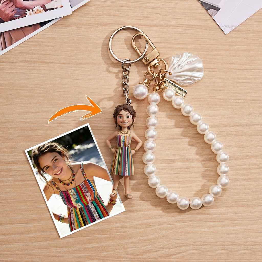 Personalized 3D Keychain from Photo Custom Cartoon Mini Figure Doll Unique Keyring & Creative Gift with Pearl Style Accessory | KibiFig