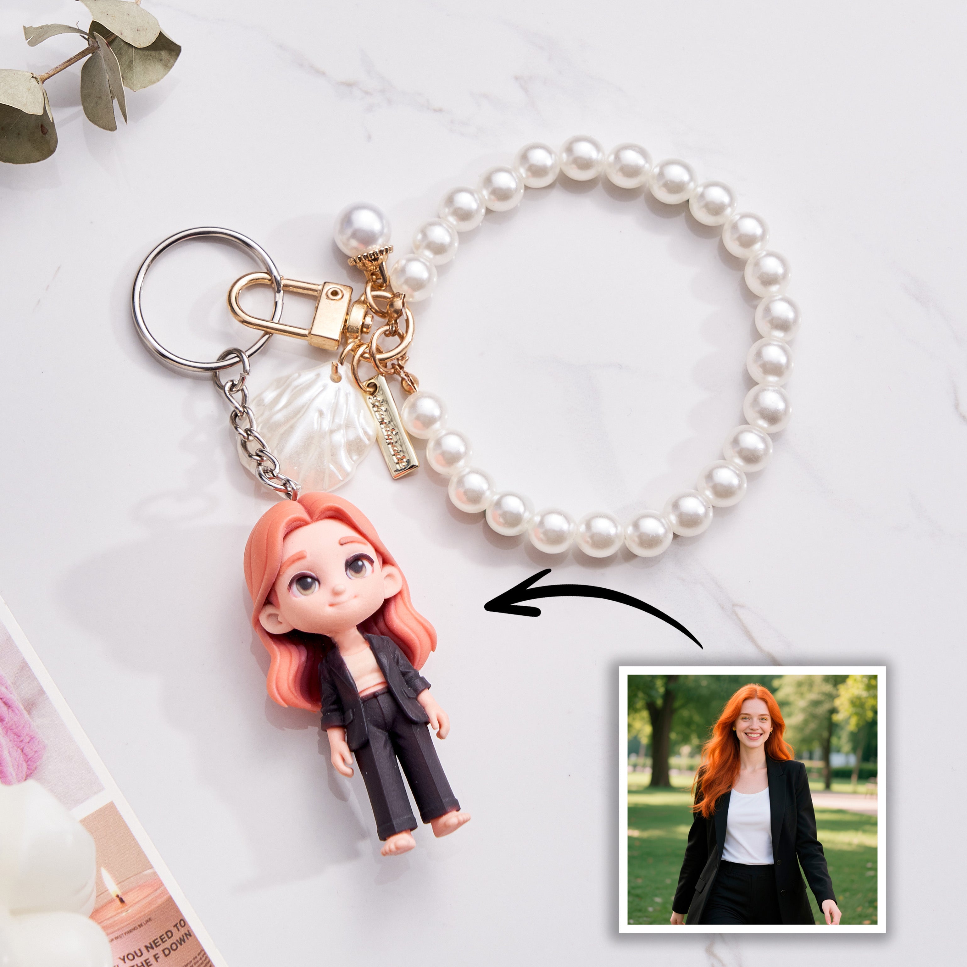 Personalized 3D Keychain from Photo Custom Cartoon Mini Figure Doll Unique Keyring & Creative Gift with Pearl Style Accessory | KibiFig