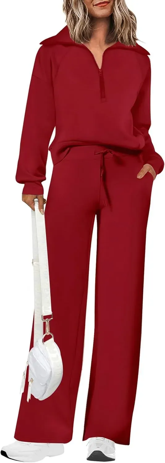 🔥Final Day Clearance!🛒Women's 2 Piece Outfits Casual Lapel Half Zip Sweatshirts And Wide Leg Pants Tracksuit Sets🔥8-PACK ONLY $28🔥