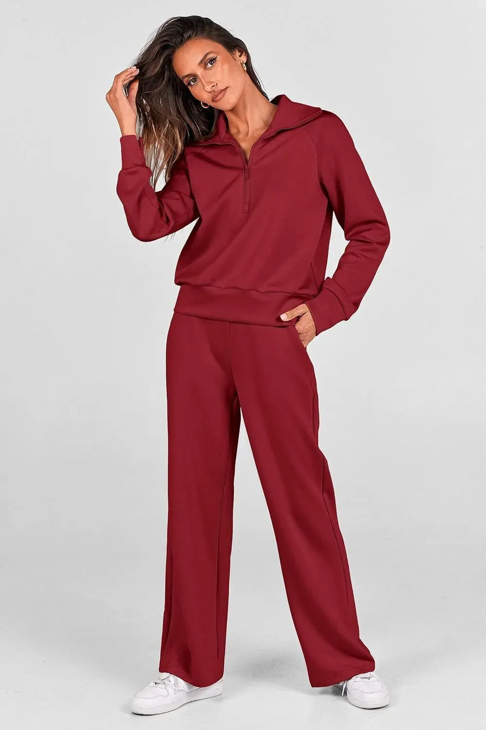 🔥Final Day Clearance!🛒Women's 2 Piece Outfits Casual Lapel Half Zip Sweatshirts And Wide Leg Pants Tracksuit Sets🔥8-PACK ONLY $28🔥