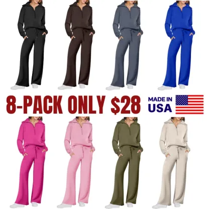 🔥Final Day Clearance!🛒Women's 2 Piece Outfits Casual Lapel Half Zip Sweatshirts And Wide Leg Pants Tracksuit Sets🔥8-PACK ONLY $28🔥