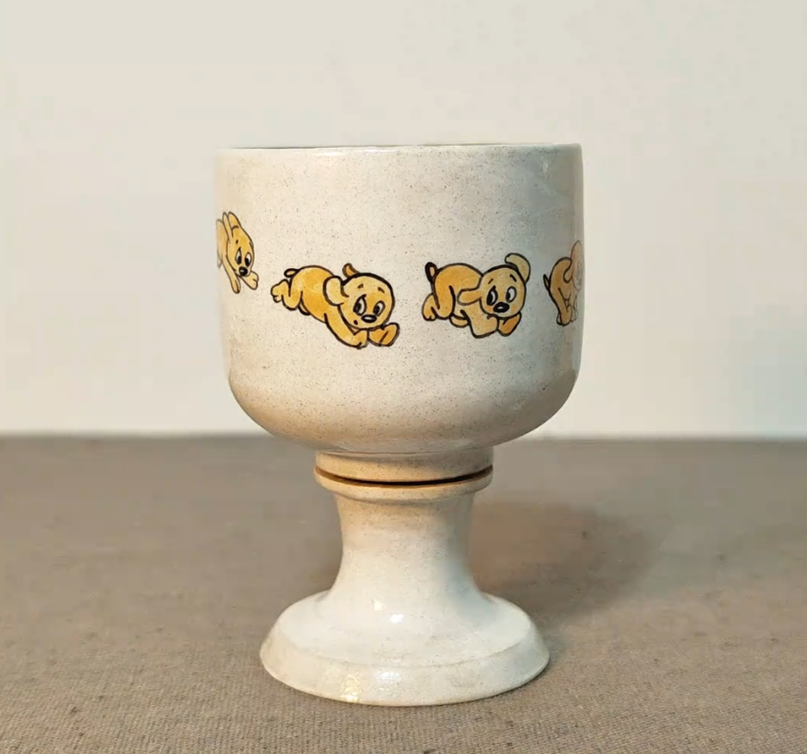 Hand-Painted Rustic Earthenware Glazed Spinning Cup with Puppy Design