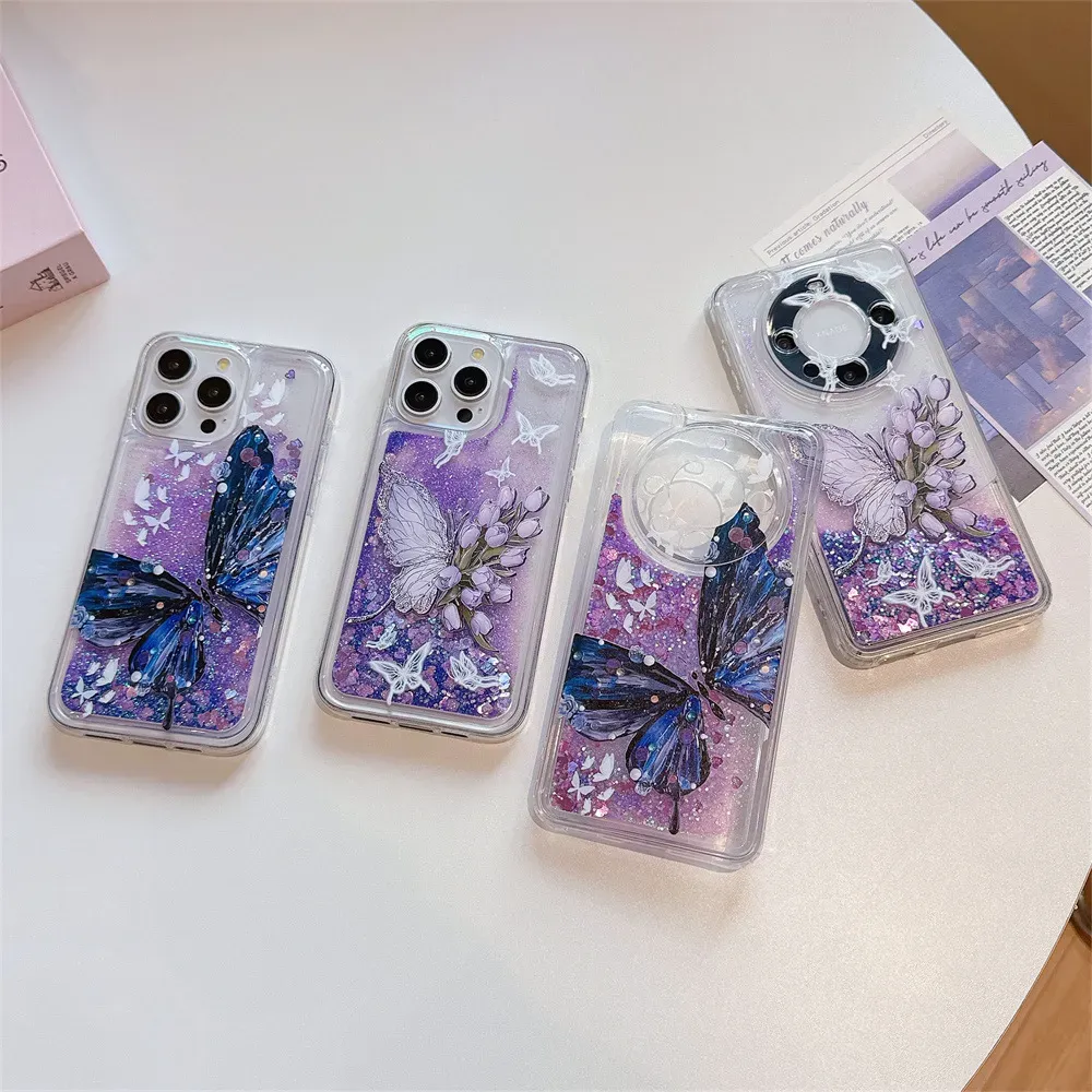 Ink and wash butterfly flower flowing sand phone case