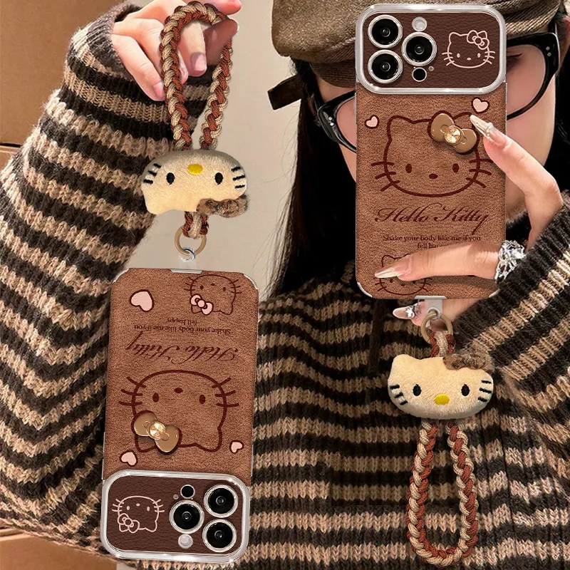 Coffee-colored kitty hanging rope leather phone case