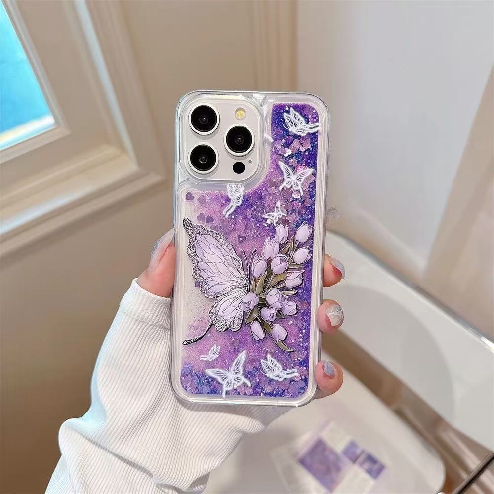 Ink and wash butterfly flower flowing sand phone case