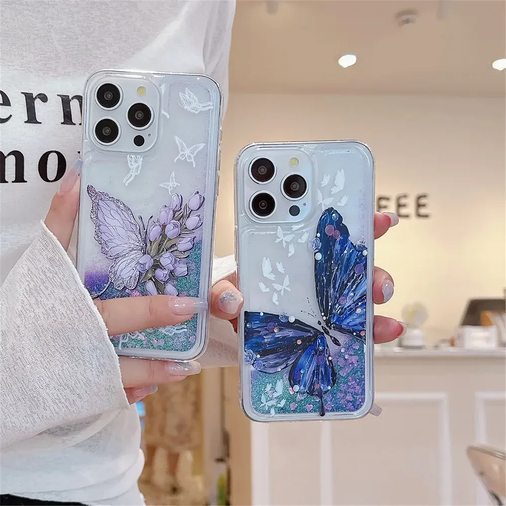 Ink and wash butterfly flower flowing sand phone case