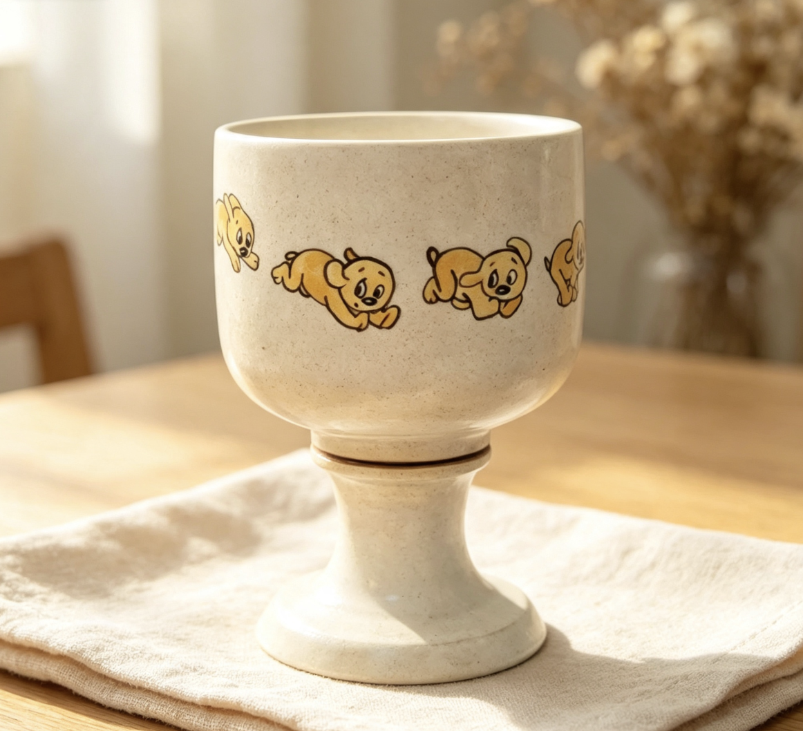 Hand-Painted Rustic Earthenware Glazed Spinning Cup with Puppy Design