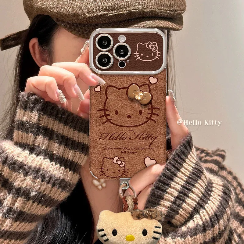 Coffee-colored kitty hanging rope leather phone case