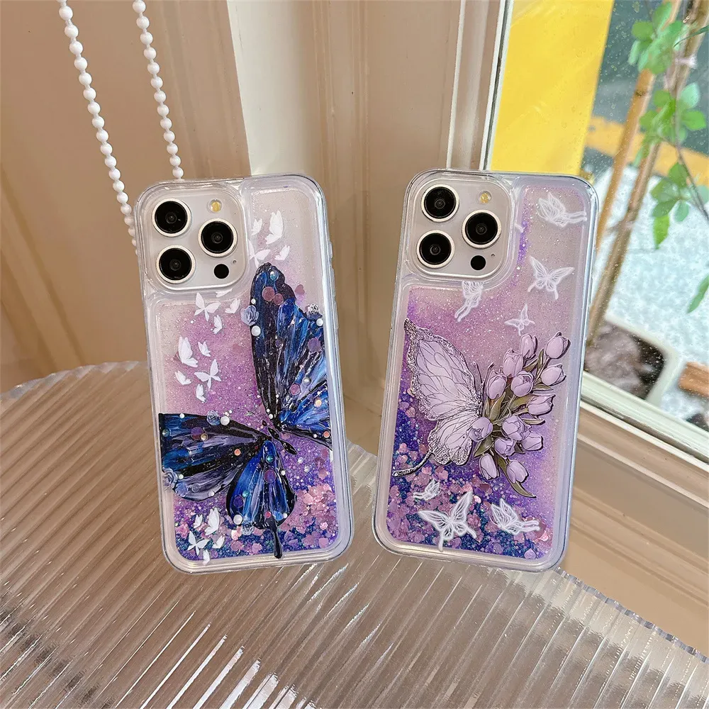 Ink and wash butterfly flower flowing sand phone case
