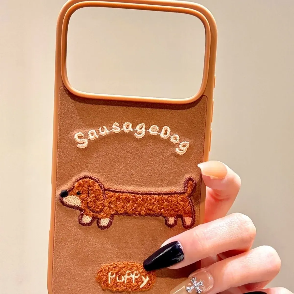 Cute plush embroidered dachshund phone case
