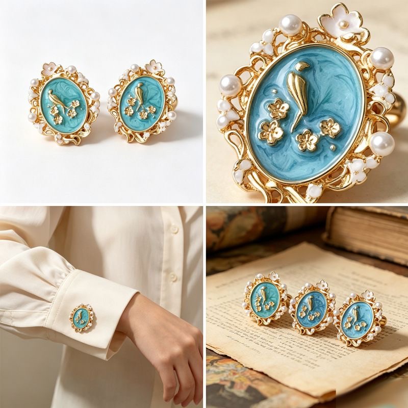 Vintage Enamel Rose Cufflinks