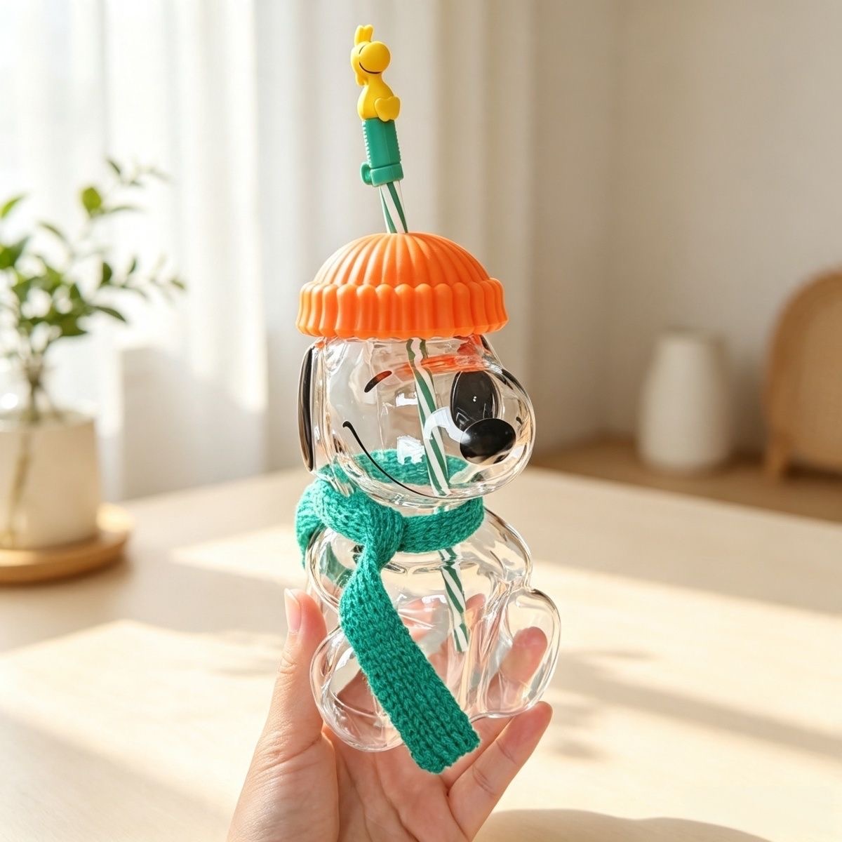 Cute Glass Straw Cup with Knit Beanie & Scarf