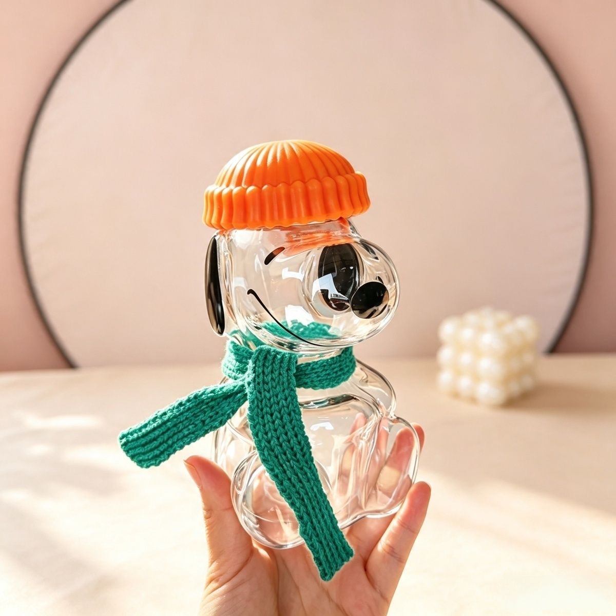 Cute Glass Straw Cup with Knit Beanie & Scarf