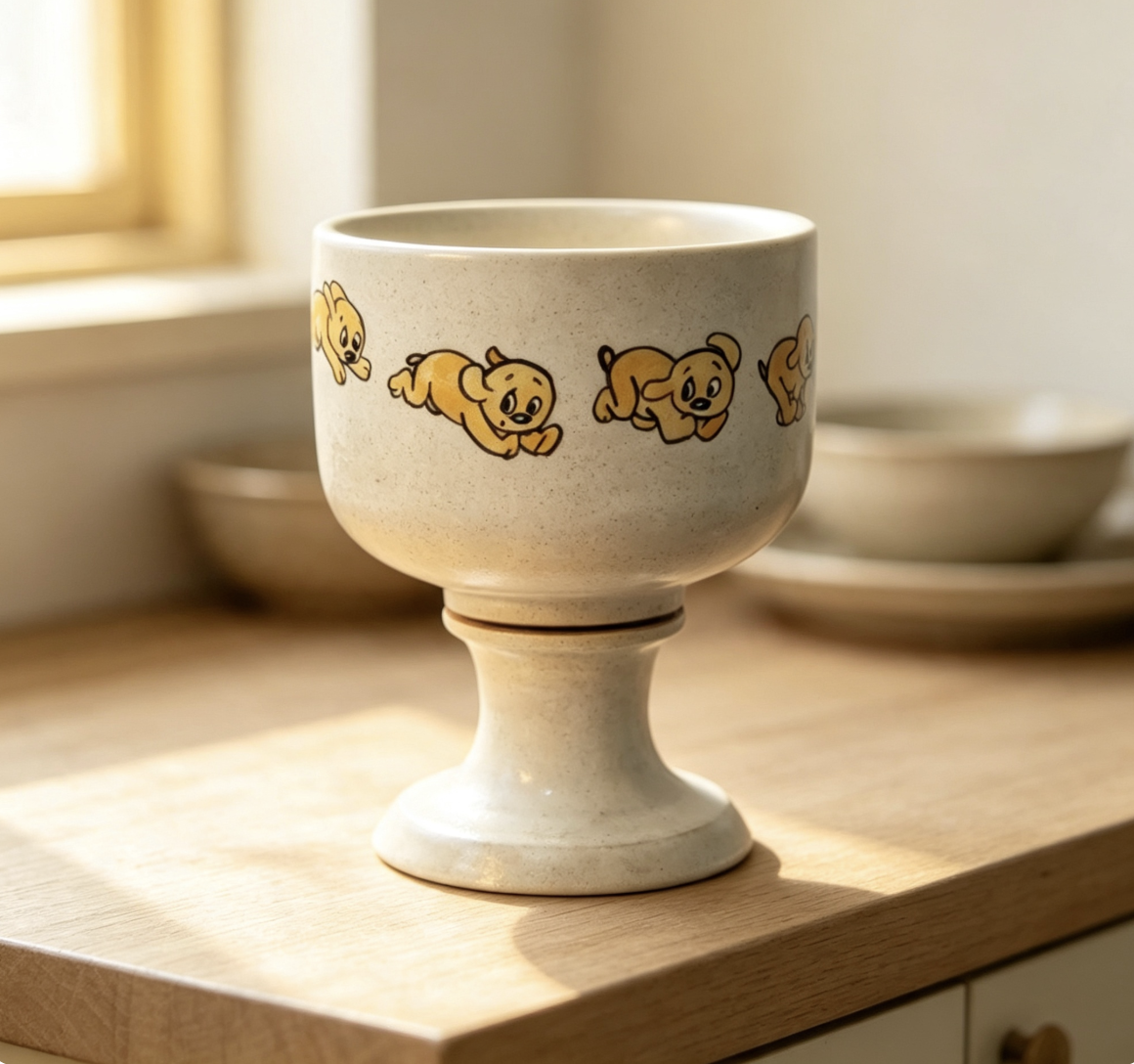 Hand-Painted Rustic Earthenware Glazed Spinning Cup with Puppy Design