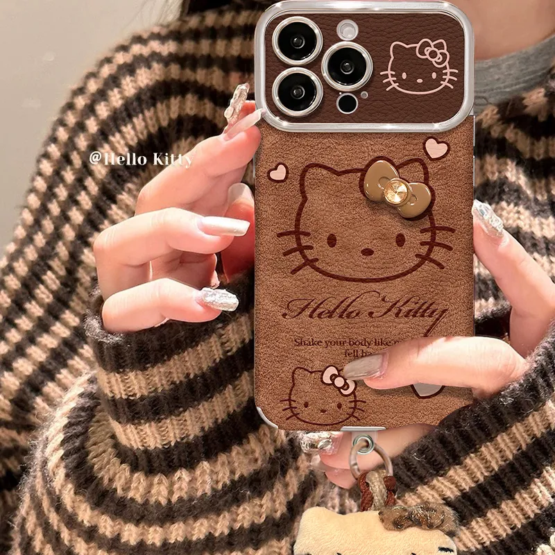 Coffee-colored kitty hanging rope leather phone case