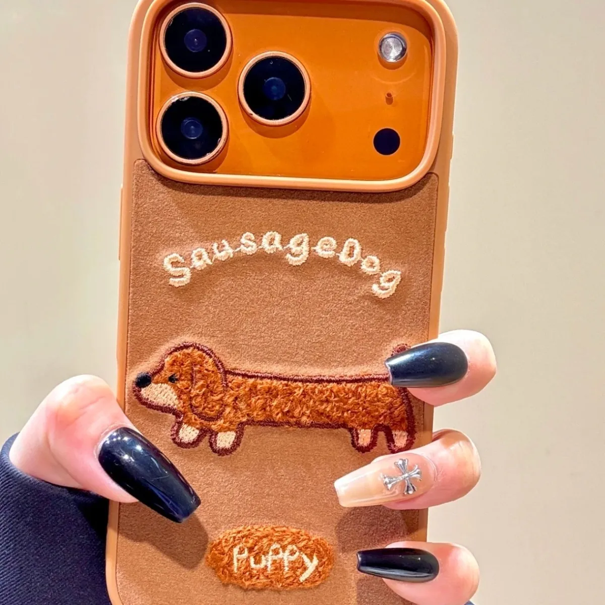Cute plush embroidered dachshund phone case