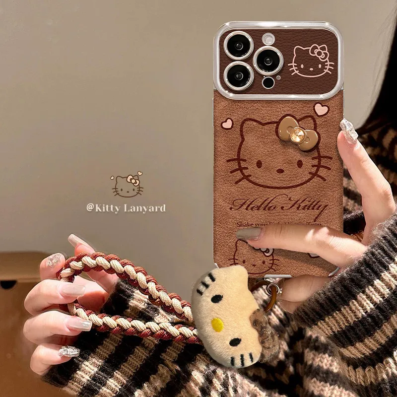 Coffee-colored kitty hanging rope leather phone case