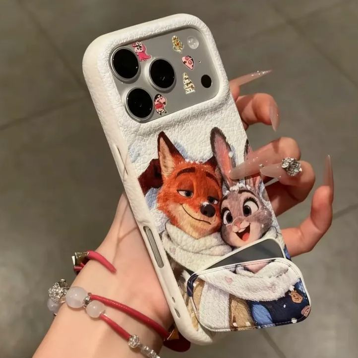 3D Cartoon Makeup Mirror Leather Phone Case