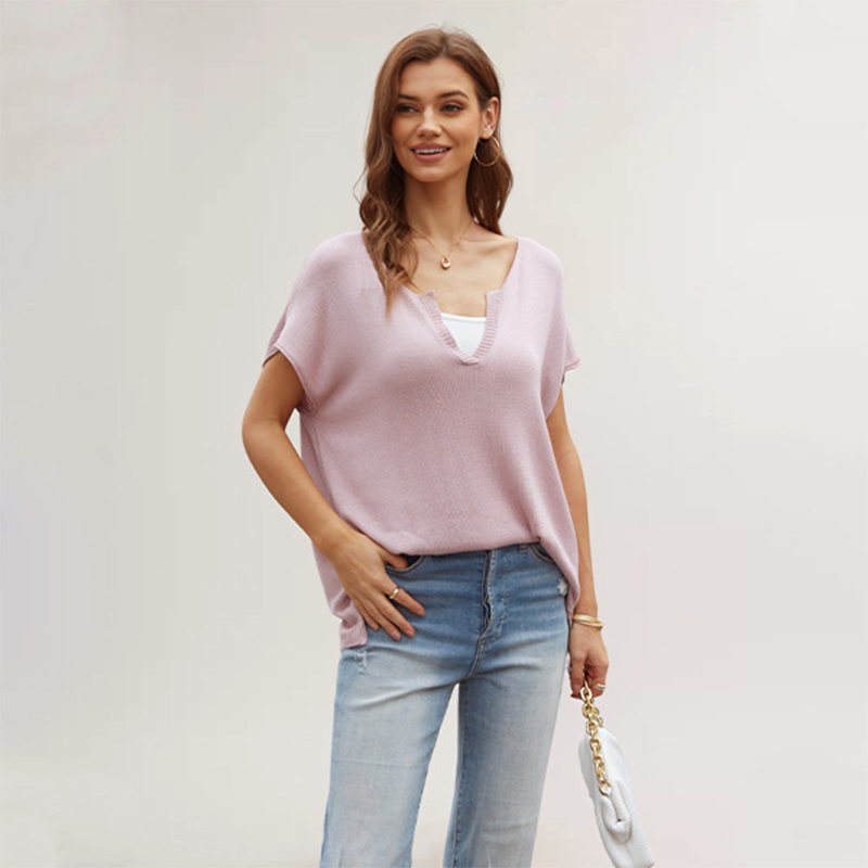 Summer women's new style V-neck solid color slit short-sleeved loose large size pullover sweater