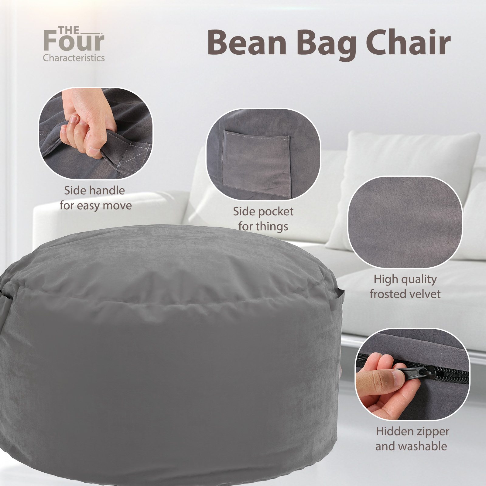 American Signature Oversized 3/4FT Bean Bag Chair for Gaming Reading Lazy Sofa Foam Filled Couch with Removable Cover Living Room Furniture