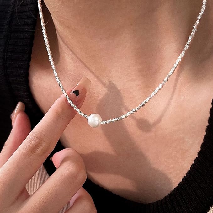 S925 Sterling Silver with Irregular Broken Silver single pearl necklace