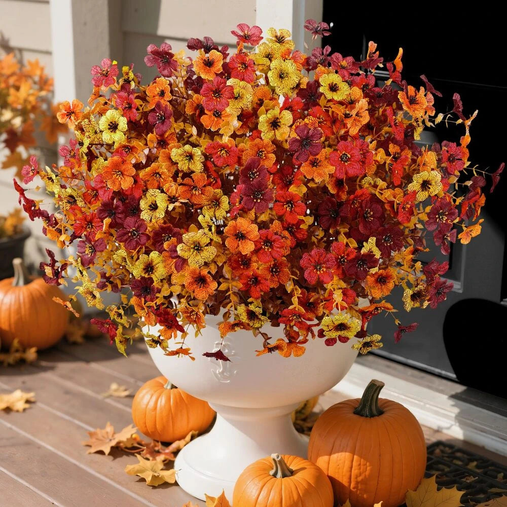🏆Welcome autumn 💐UV Resistant Artificial Fall Sunset Mums, 5 Multi-Color Lifelike Fake Flower Bundles for Outdoor Porch Patio Garden Decor 🍂
