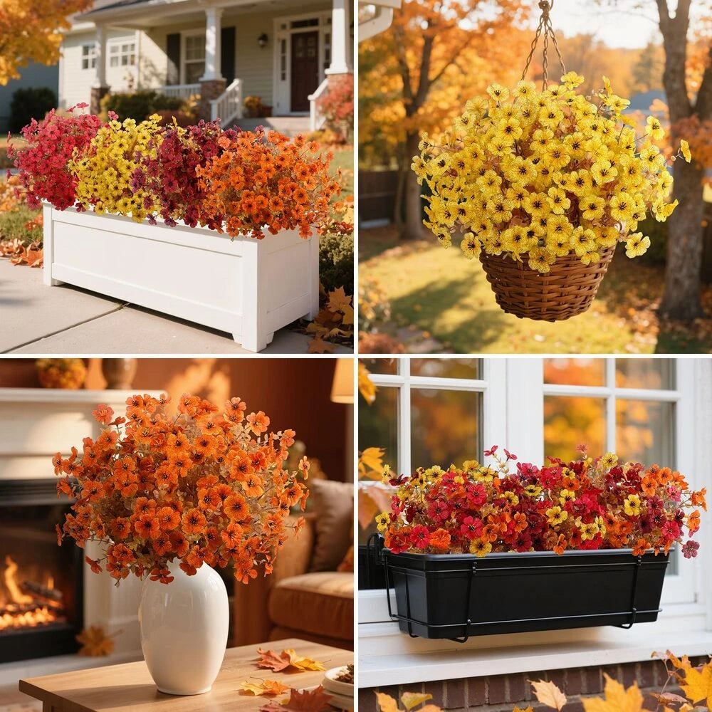 🏆Welcome autumn 💐UV Resistant Artificial Fall Sunset Mums, 5 Multi-Color Lifelike Fake Flower Bundles for Outdoor Porch Patio Garden Decor 🍂