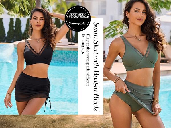 Blooming Jelly Mesh Sarong Wraps Bathing Suits Womens High Waisted Tummy Control Bikini Sets