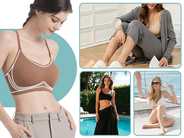 Lusait Lace Jelly Bra Bralettes for Women pullover Bra Seamless Wireless Deep V Racerback Comfort Padded Everyday Tshirt Bra