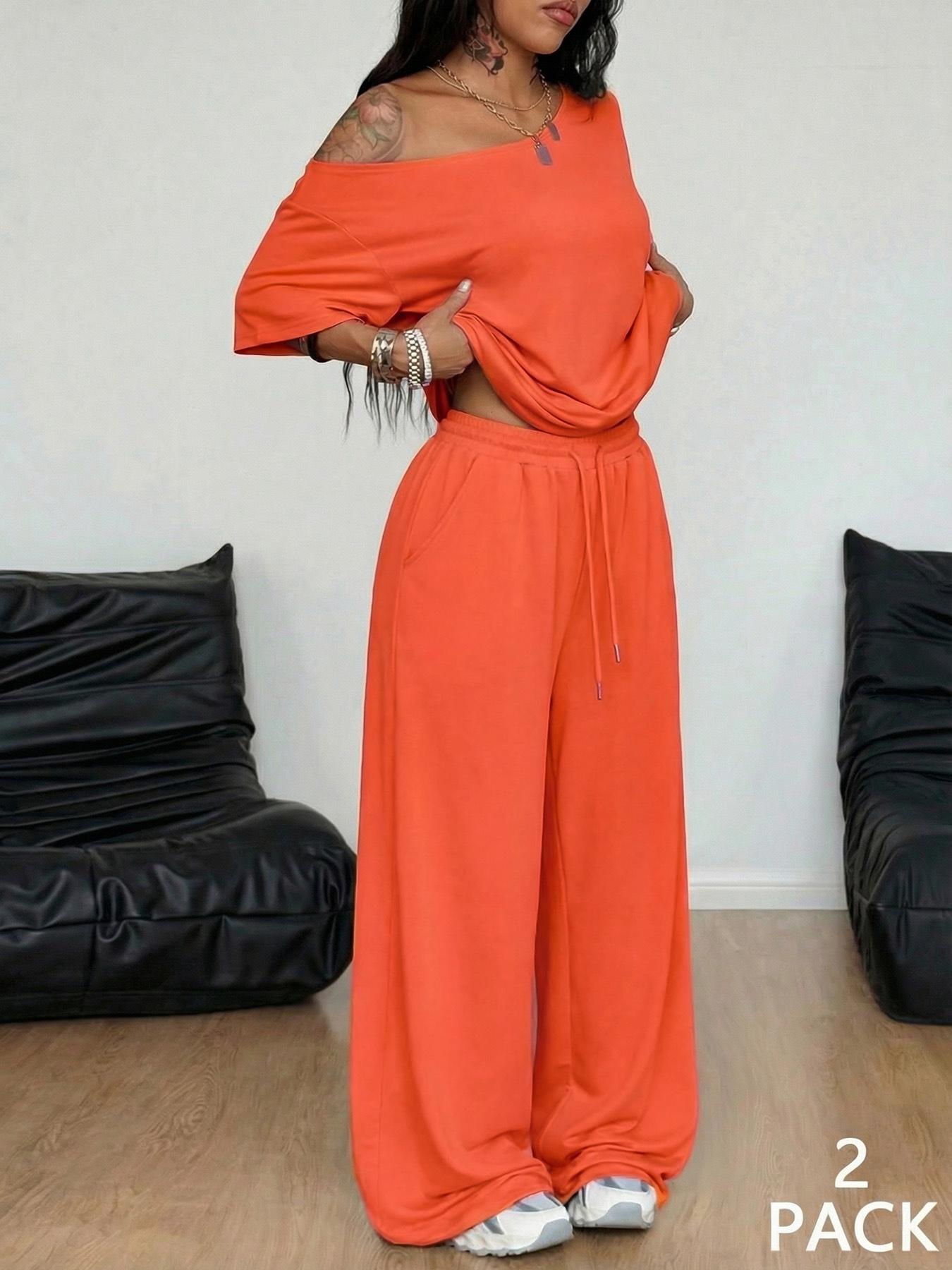 2pcs/Set Women's Minimalist Basic Daily Wear Casual Going Out Sport Comfortable Off Shoulder T-Shirt And Wide Leg Pants Two Pieces Outfits